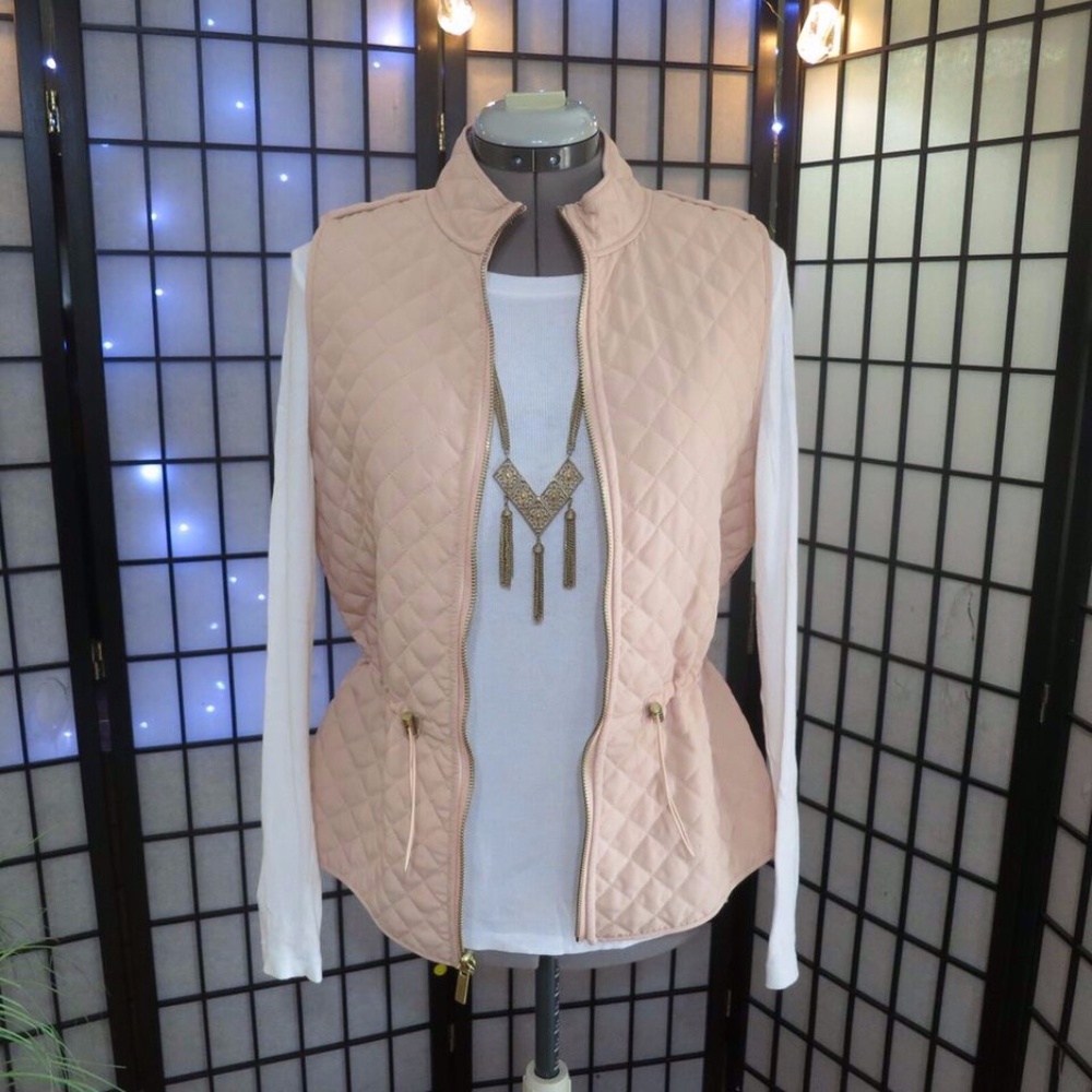 Blush Pink Grey Zippered Cinch Waist Quilted Chore Vest Size 0 (4/6) US Medium
